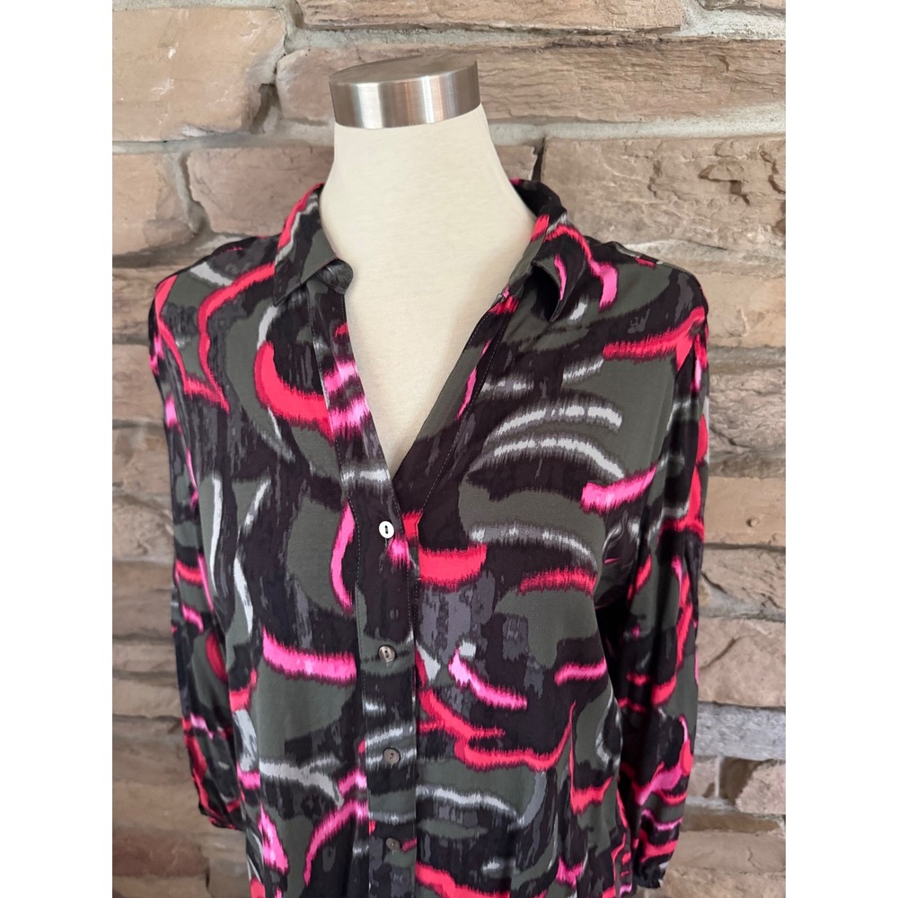 NIC+ZOE Womens Abstract Print Button Down Blouse Pink Olive Green Size Large - Picture 2 of 10